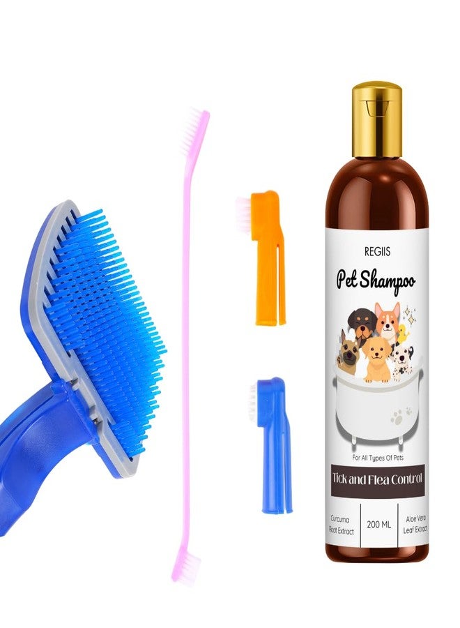 REGIIS Pet Shampoo with Tick and Flea Control, Natural Curcuma and Aloe Vera Extract, 200 ML Dog and Cat Grooming Kit with Brushes(Pack of 3) - Image 1